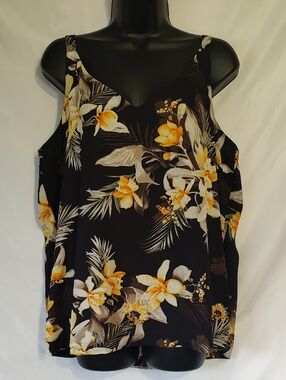 Source Unknown Black Floral V‑Neck Cami with Yellow Accents (Reversible)